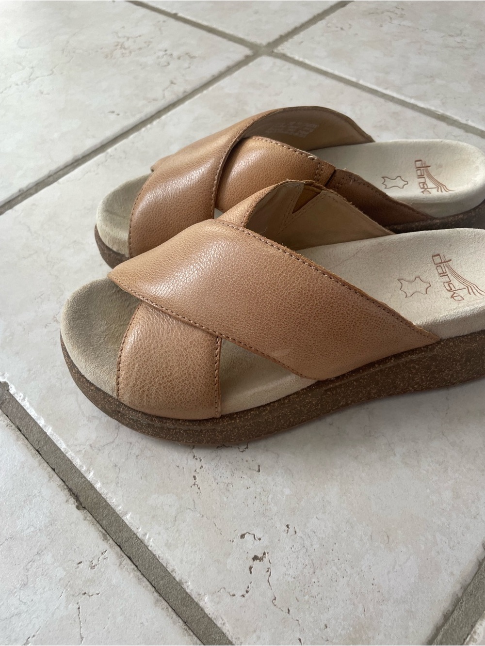 Dansko Tan Leather Crisscross Slip-On platform Mules - Picture 2 of 6